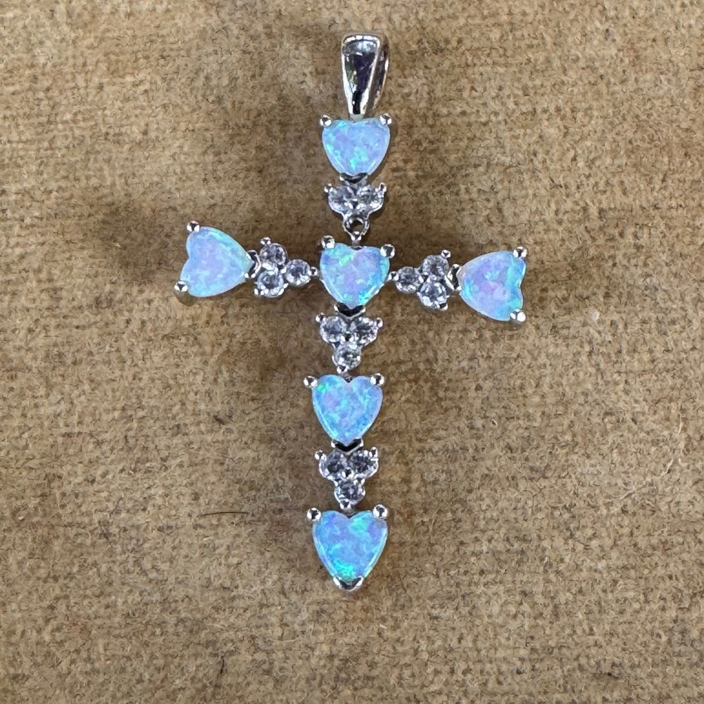 Sun BR Heart Cross Pendant Blue Opal 925 Sterling Silver Religious Charm‎